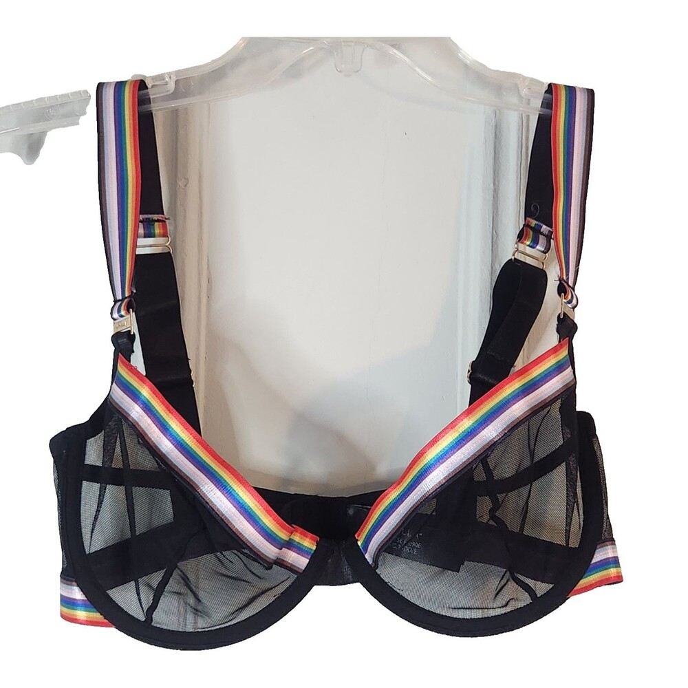 Bluebella Sheer Mesh Black Rainbow Stripe Bra 34DD Pride EU 75E Underwire NWOT